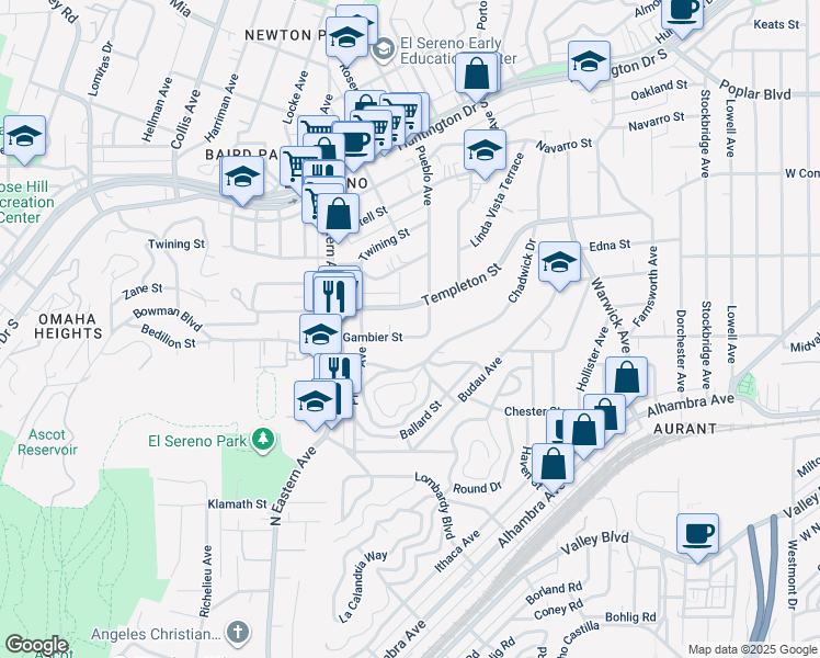 map of restaurants, bars, coffee shops, grocery stores, and more near 3107 Pueblo Avenue in Los Angeles