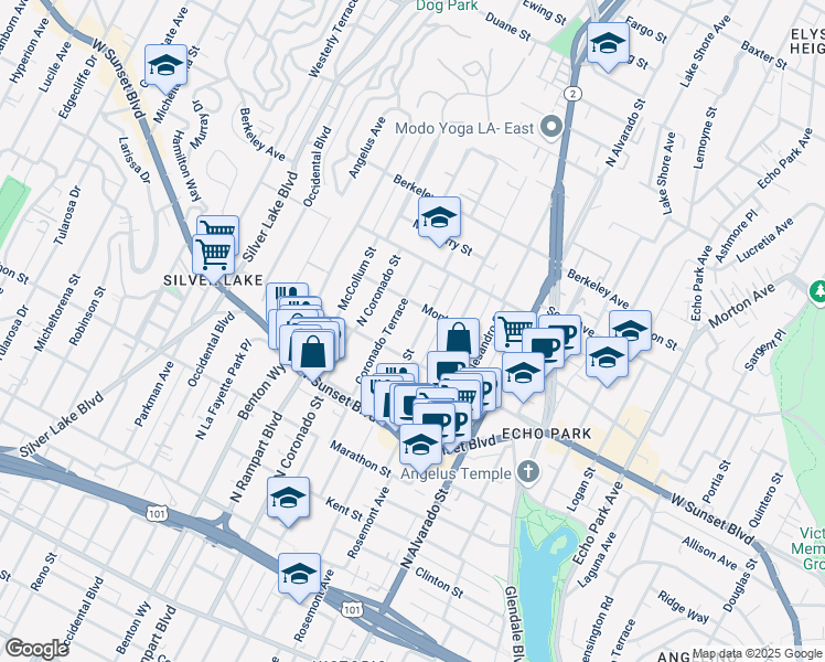 map of restaurants, bars, coffee shops, grocery stores, and more near 1330 Coronado Terrace in Los Angeles