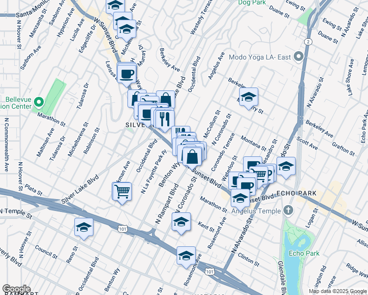 map of restaurants, bars, coffee shops, grocery stores, and more near 2719 Sunset Boulevard in Los Angeles