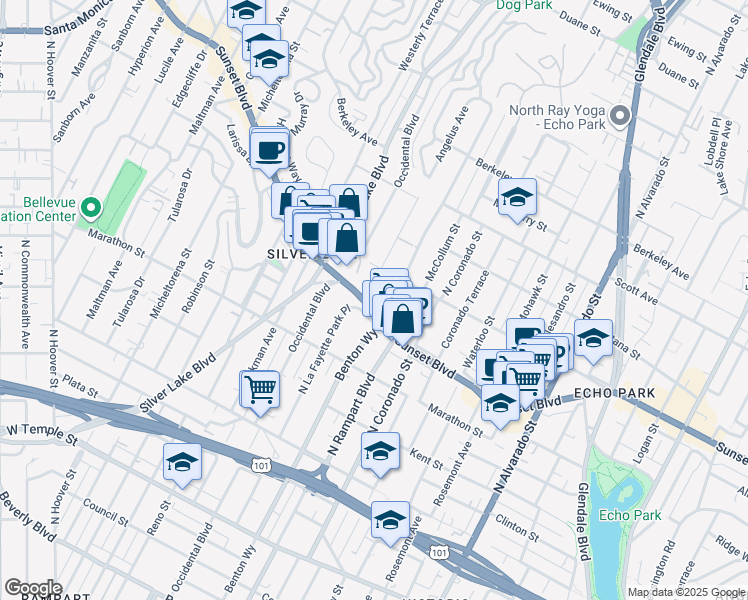 map of restaurants, bars, coffee shops, grocery stores, and more near 2719 Sunset Boulevard in Los Angeles