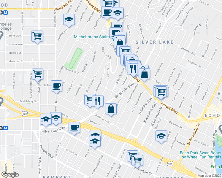 map of restaurants, bars, coffee shops, grocery stores, and more near 807 North Vendome Street in Los Angeles