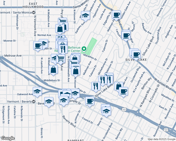 map of restaurants, bars, coffee shops, grocery stores, and more near 647 Maltman Avenue in Los Angeles