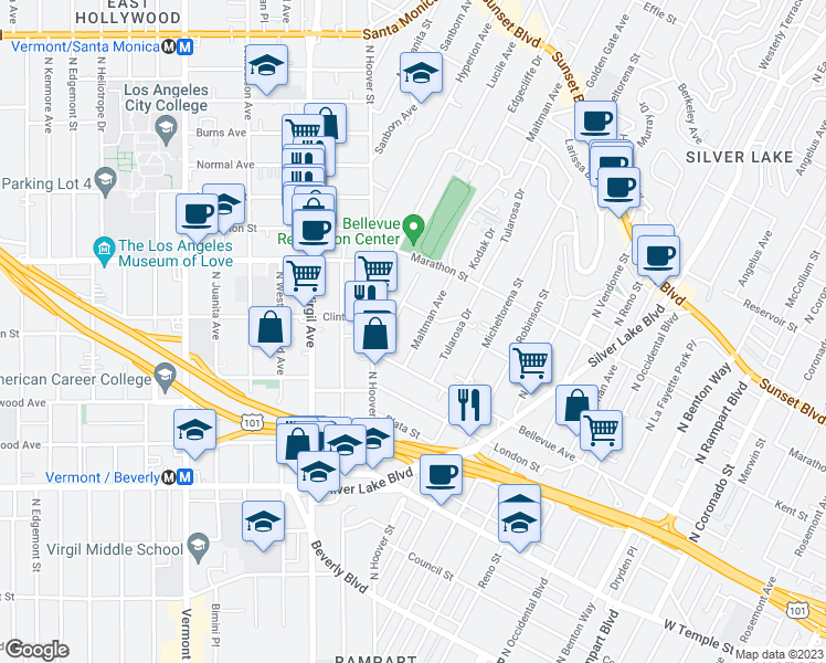 map of restaurants, bars, coffee shops, grocery stores, and more near 647 Maltman Avenue in Los Angeles