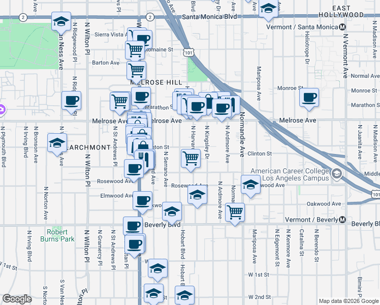 map of restaurants, bars, coffee shops, grocery stores, and more near 4710 Clinton Street in Los Angeles