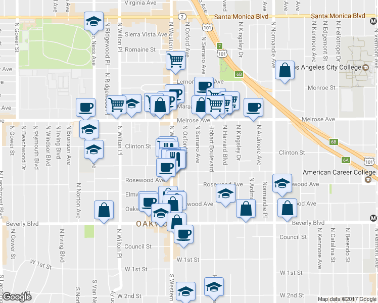 map of restaurants, bars, coffee shops, grocery stores, and more near 557 North Oxford Avenue in Los Angeles