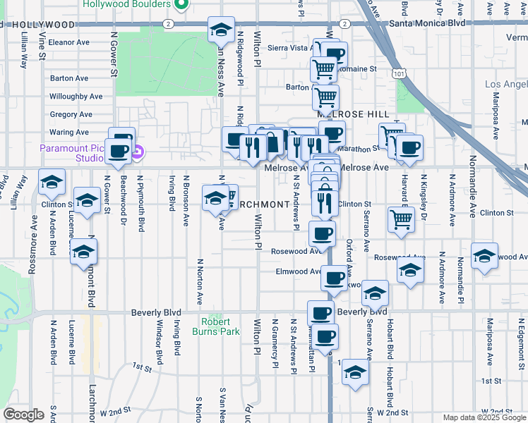 map of restaurants, bars, coffee shops, grocery stores, and more near 540 North Gramercy Place in Los Angeles
