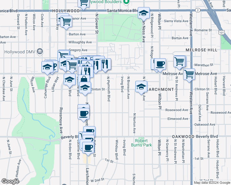 map of restaurants, bars, coffee shops, grocery stores, and more near 5402 Clinton Street in Los Angeles