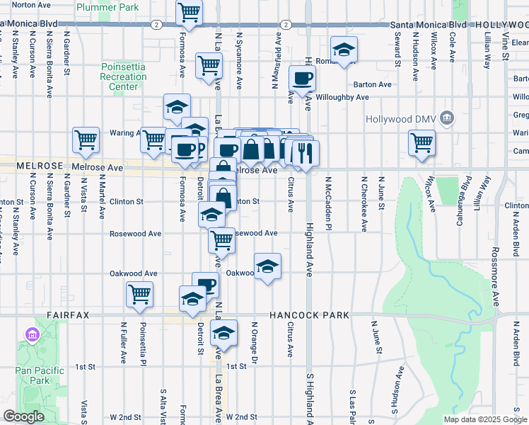 map of restaurants, bars, coffee shops, grocery stores, and more near 543 North Mansfield Avenue in Los Angeles