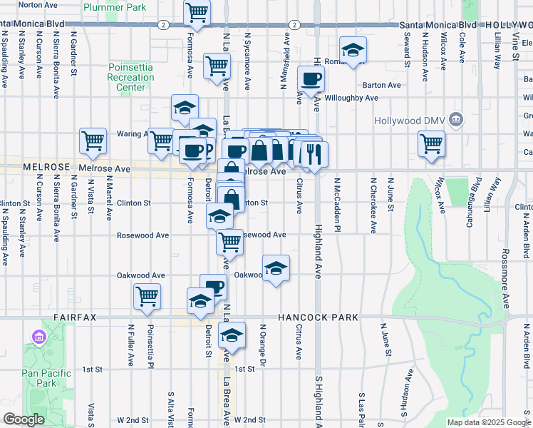 map of restaurants, bars, coffee shops, grocery stores, and more near 543 North Mansfield Avenue in Los Angeles