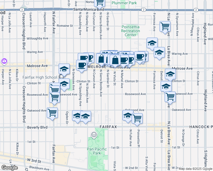 map of restaurants, bars, coffee shops, grocery stores, and more near 540 North Gardner Street in Los Angeles