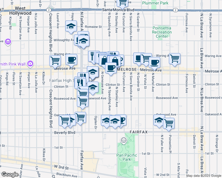 map of restaurants, bars, coffee shops, grocery stores, and more near 545 North Spaulding Avenue in Los Angeles