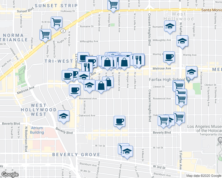 map of restaurants, bars, coffee shops, grocery stores, and more near 546 North Flores Street in West Hollywood
