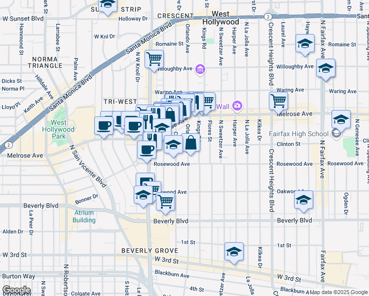 map of restaurants, bars, coffee shops, grocery stores, and more near 548 North Croft Avenue in West Hollywood