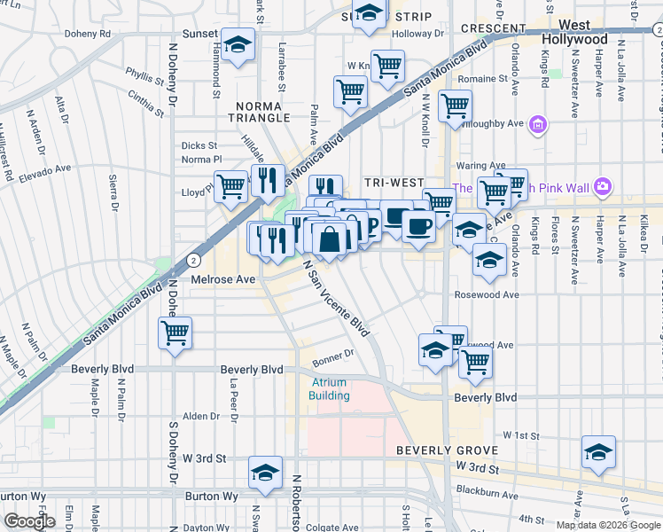 map of restaurants, bars, coffee shops, grocery stores, and more near 8646 Melrose Avenue in West Hollywood