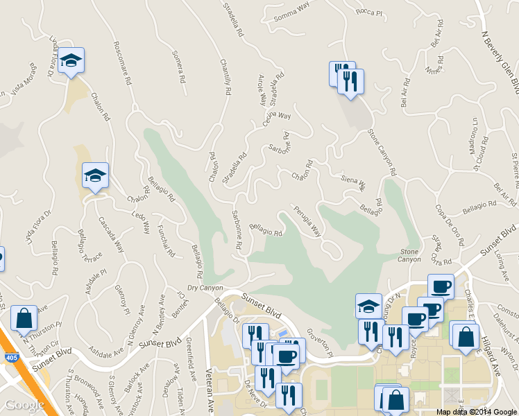 map of restaurants, bars, coffee shops, grocery stores, and more near 10778 Chalon Road in Los Angeles