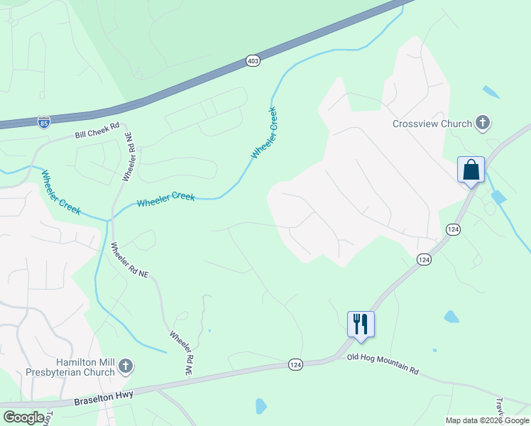 map of restaurants, bars, coffee shops, grocery stores, and more near 4808 Ardmore Lane Northeast in Hoschton