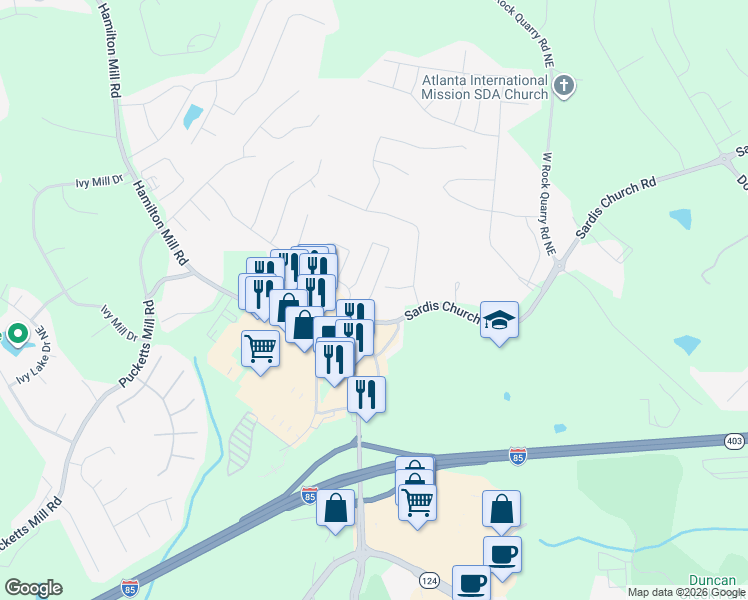 map of restaurants, bars, coffee shops, grocery stores, and more near 2712 Sardis Chase Court in Buford