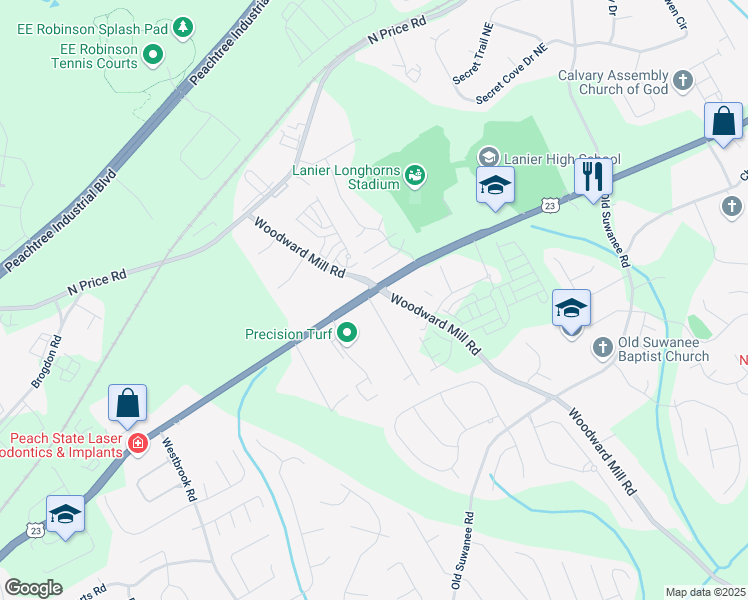 map of restaurants, bars, coffee shops, grocery stores, and more near 5442 Howington Court in Buford