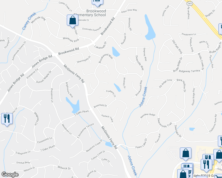 map of restaurants, bars, coffee shops, grocery stores, and more near 7260 Foxberry Court in Cumming