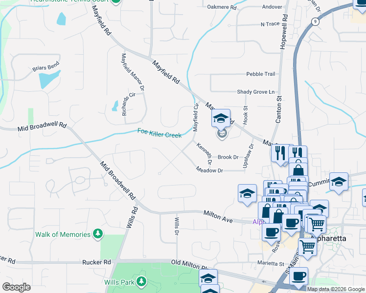 map of restaurants, bars, coffee shops, grocery stores, and more near 170 Mayfield Circle in Alpharetta