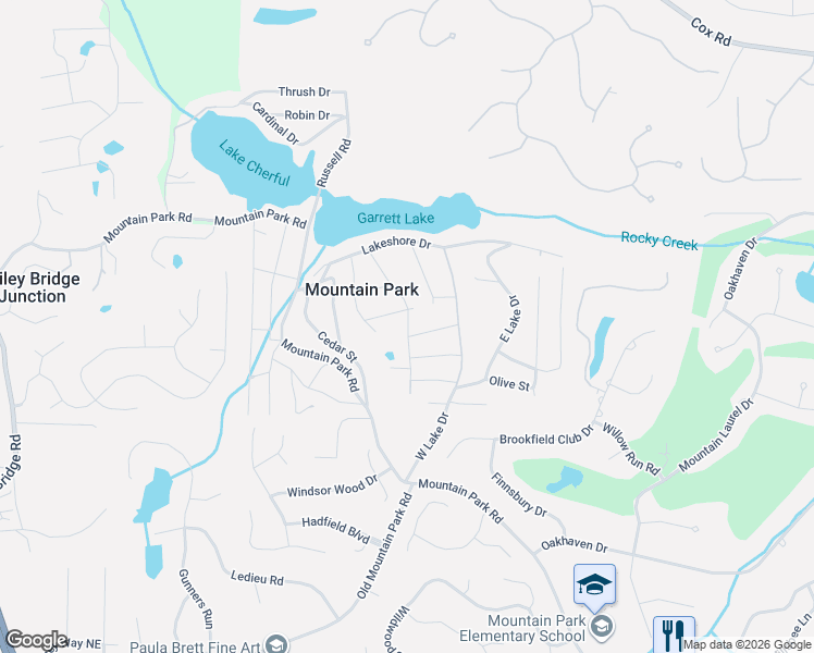 map of restaurants, bars, coffee shops, grocery stores, and more near 109 Elm Street in Roswell
