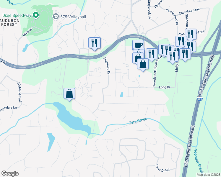 map of restaurants, bars, coffee shops, grocery stores, and more near 131 Fitchburg Drive in Woodstock