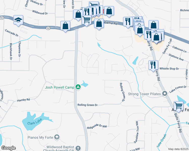 map of restaurants, bars, coffee shops, grocery stores, and more near 460 Marston Pass in Acworth