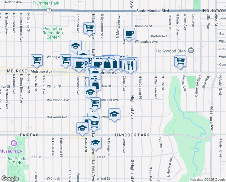 map of restaurants, bars, coffee shops, grocery stores, and more near 534 North Orange Drive in Los Angeles