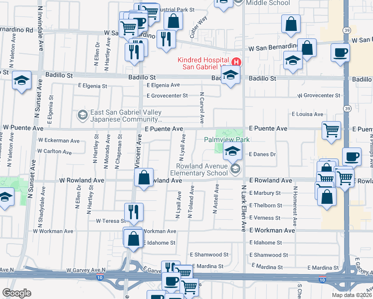 map of restaurants, bars, coffee shops, grocery stores, and more near 619 North Toland Avenue in West Covina