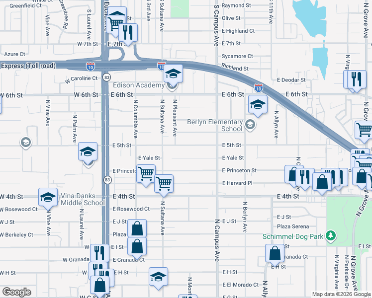 map of restaurants, bars, coffee shops, grocery stores, and more near 558 East 5th Street in Ontario