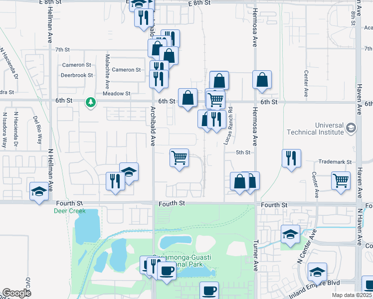 map of restaurants, bars, coffee shops, grocery stores, and more near 9823 Crescent Center Drive in Rancho Cucamonga