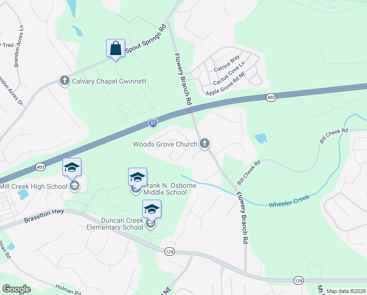 map of restaurants, bars, coffee shops, grocery stores, and more near 2050 Lily Stem Trail Northeast in Auburn