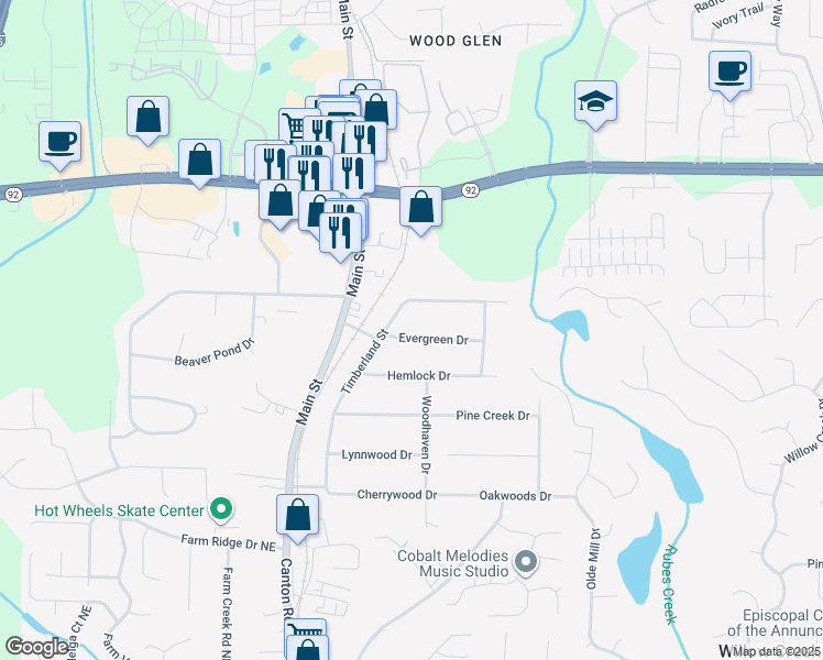 map of restaurants, bars, coffee shops, grocery stores, and more near 605 Evergreen Drive in Woodstock