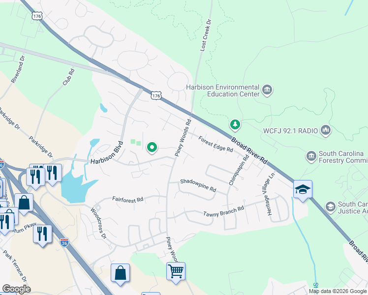 map of restaurants, bars, coffee shops, grocery stores, and more near 53 Woodpine Court in Columbia