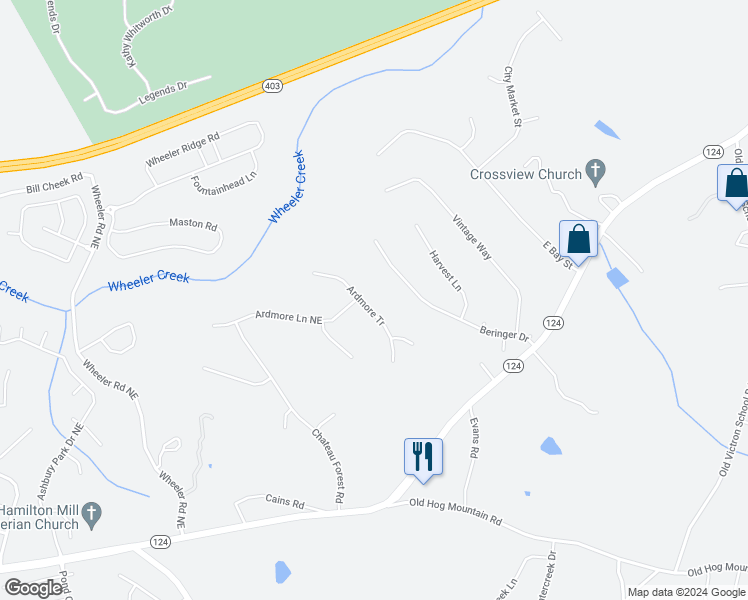 map of restaurants, bars, coffee shops, grocery stores, and more near 981 Ardmore Tr in Hoschton