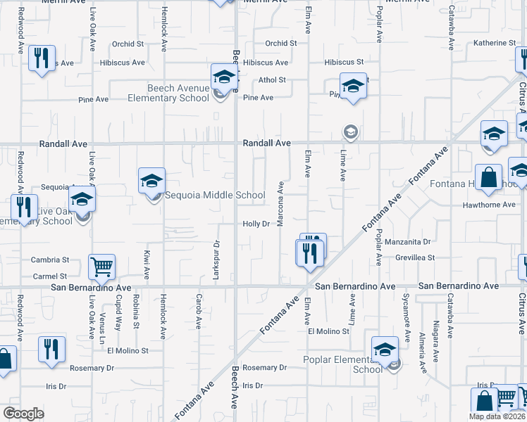 map of restaurants, bars, coffee shops, grocery stores, and more near 15375 Hawthorne Avenue in Fontana