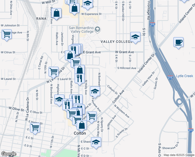 map of restaurants, bars, coffee shops, grocery stores, and more near 1331 North Bothwell Avenue in Colton