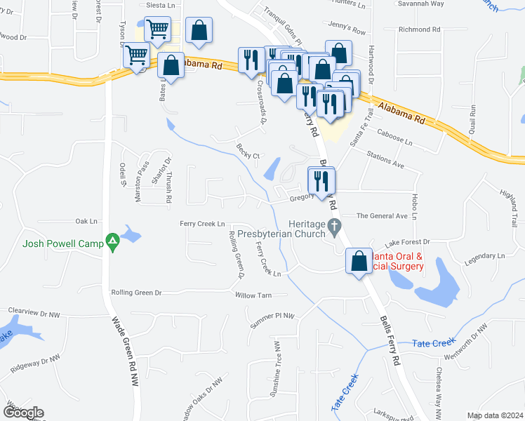 map of restaurants, bars, coffee shops, grocery stores, and more near 5284 Cross Creek Court in Acworth