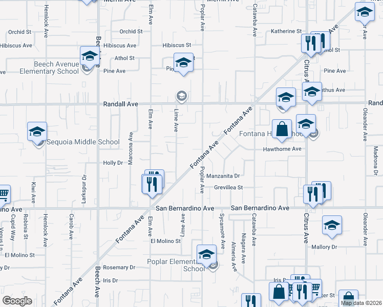 map of restaurants, bars, coffee shops, grocery stores, and more near 15655 Hawthorne Avenue in Fontana