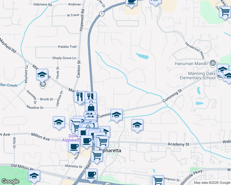 map of restaurants, bars, coffee shops, grocery stores, and more near 211 Manning Drive in Alpharetta