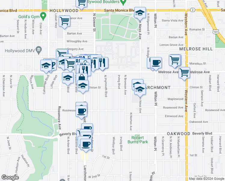 map of restaurants, bars, coffee shops, grocery stores, and more near 583 North Windsor Boulevard in Los Angeles