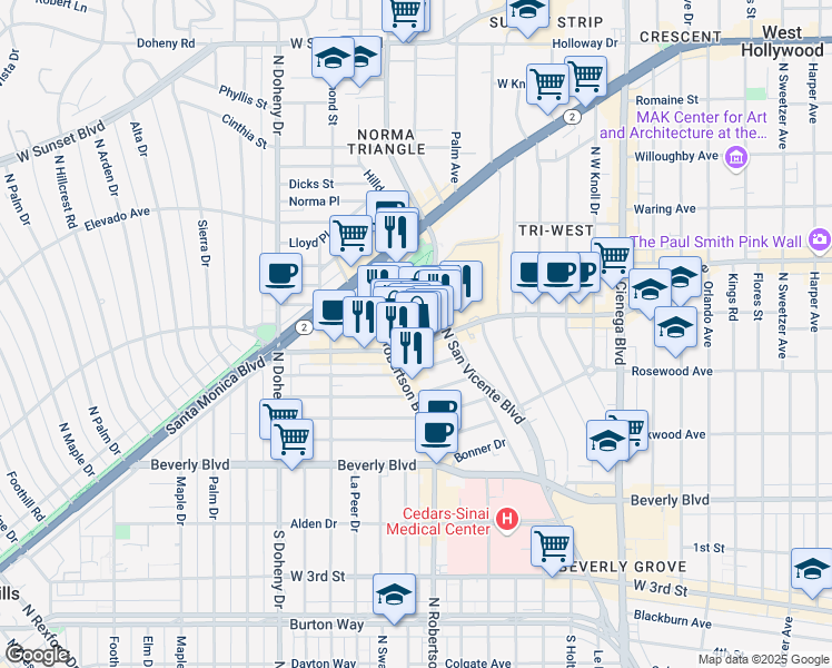 map of restaurants, bars, coffee shops, grocery stores, and more near 8739 Melrose Avenue in West Hollywood