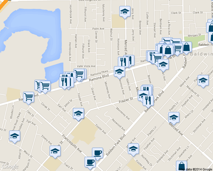 map of restaurants, bars, coffee shops, grocery stores, and more near 3820 Monterey Avenue in Baldwin Park