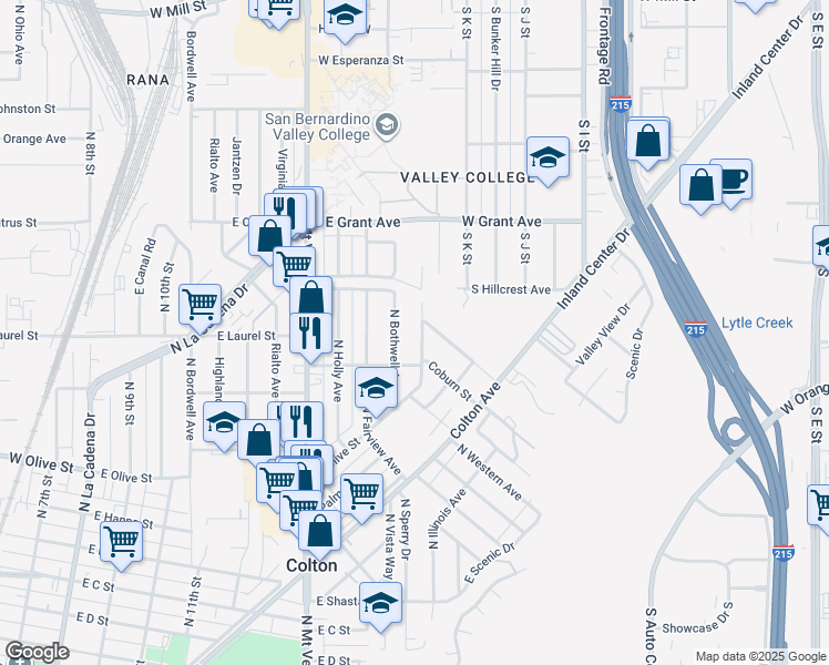 map of restaurants, bars, coffee shops, grocery stores, and more near 267 North Glenwood Street in Colton
