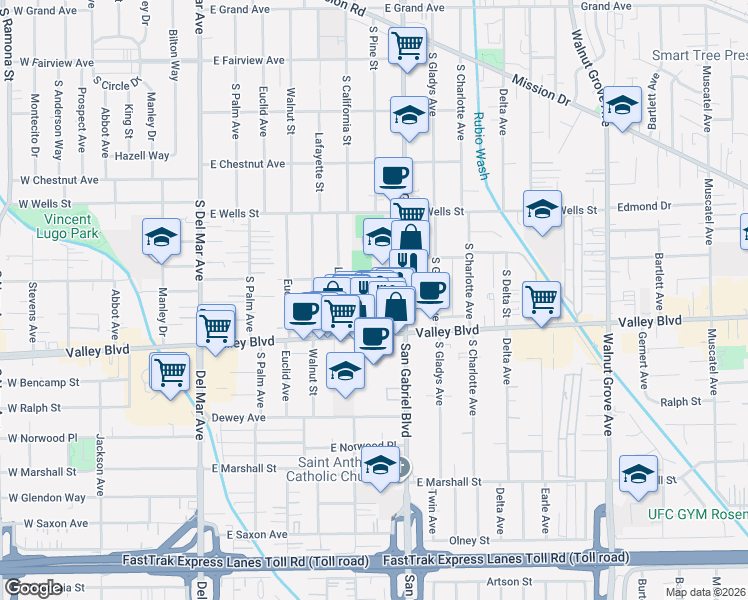map of restaurants, bars, coffee shops, grocery stores, and more near 621 Kenmore Drive in San Gabriel