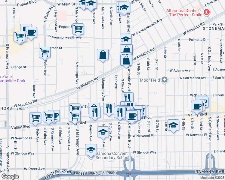map of restaurants, bars, coffee shops, grocery stores, and more near 921 Edith Avenue in Alhambra