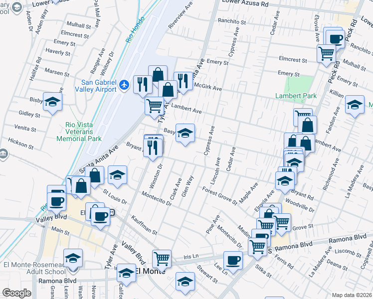 map of restaurants, bars, coffee shops, grocery stores, and more near 11121 Bryant Road in El Monte