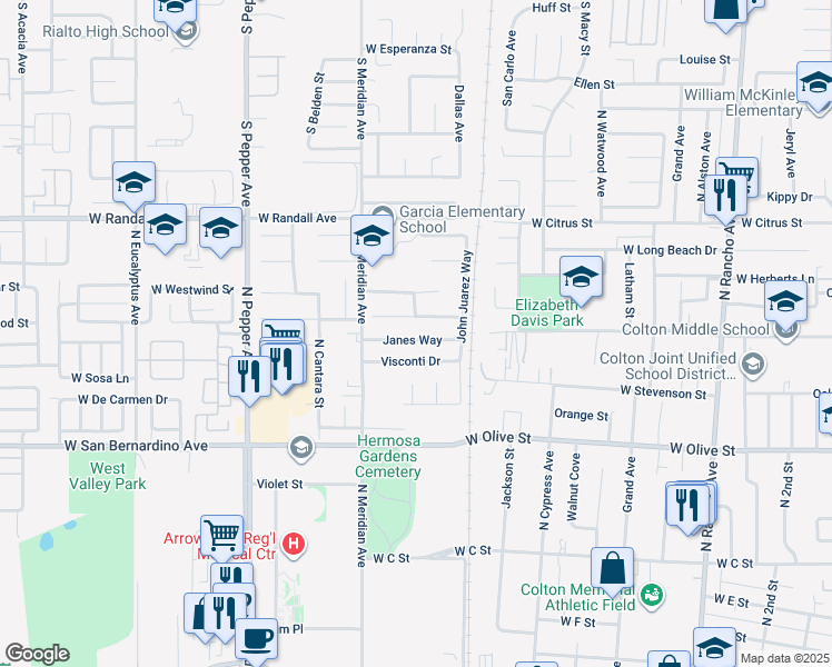 map of restaurants, bars, coffee shops, grocery stores, and more near 1289 Janes Way in Colton
