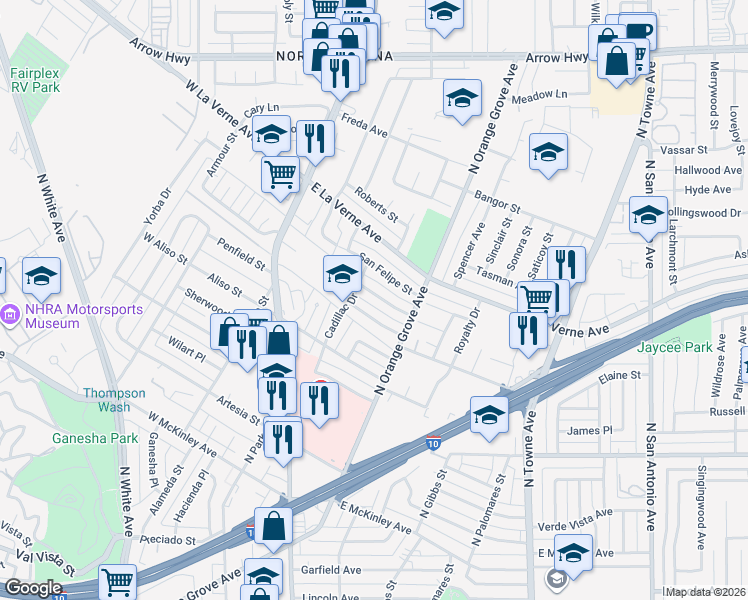 map of restaurants, bars, coffee shops, grocery stores, and more near 232 San Luis Street in Pomona