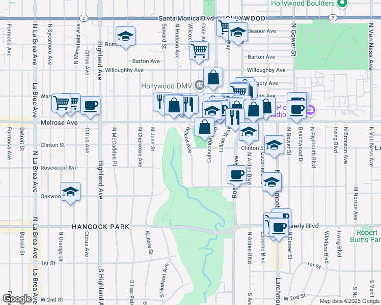 map of restaurants, bars, coffee shops, grocery stores, and more near Wilcox Avenue in Los Angeles